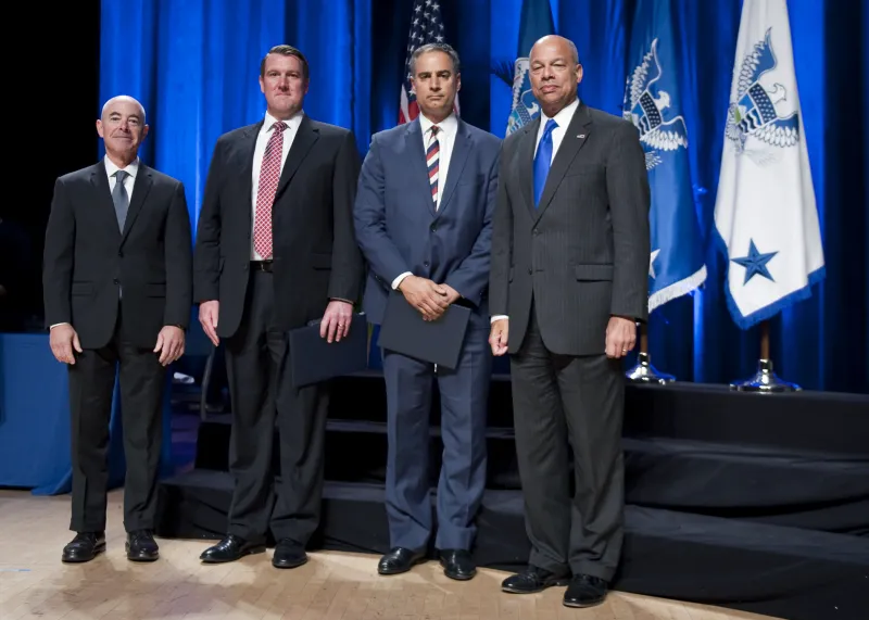 Secretary of Homeland Security Jeh Johnson and Deputy Secretary of Homeland Security Alejandro Mayorkas presented the Secretary's Meritorious Service Medal to the New York Electronic Crimes Task Force
