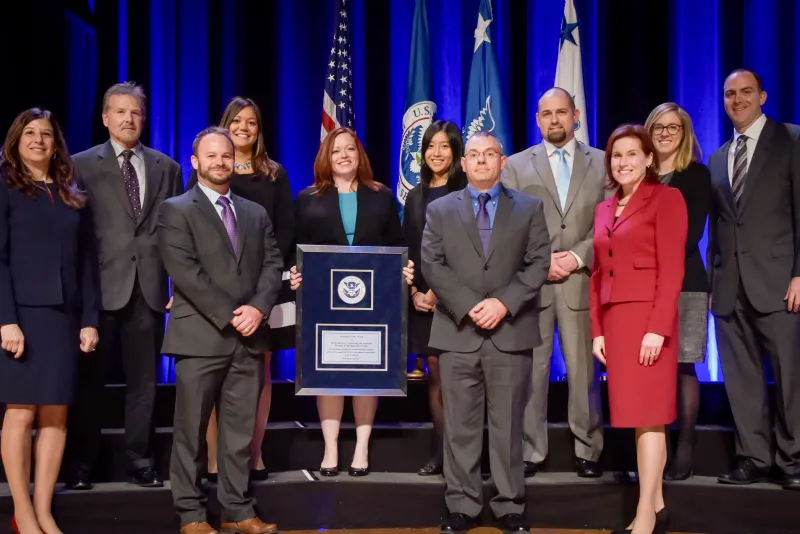 Federal Emergency Management Agency's Recovery Reporting and Analytics Division Field Deployment Team receive the the Secretary's Unit Award at the Department of Homeland Security Secretary's Awards Ceremony in Washington, D.C., Nov. 8, 2017. The team was honored for providing exceptional outcome-focused analytics to support individual assistance decision making the the field during the response for Hurricane Matthew and 2016 flooding in Louisiana. Official DHS photo by Jetta Disco.