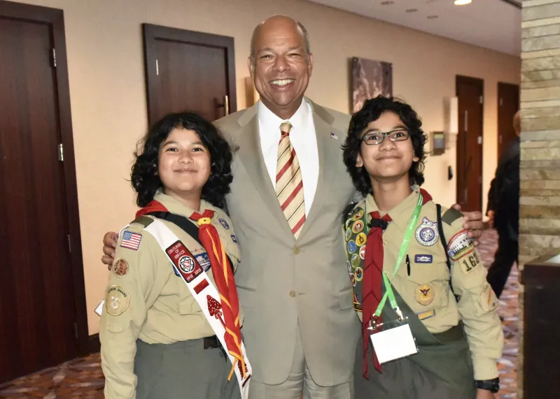 Secretary Johnson takes a photo with the American Muslim Boy Scouts who led the pledge of allegiance