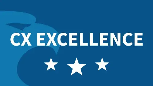Text that reads CX Excellence along with three stars on a Homeland Security Blue background