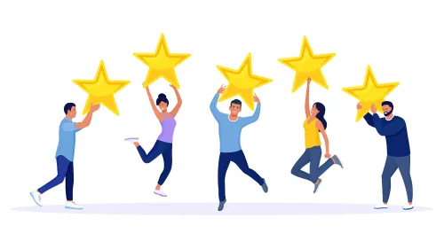 Five people, of different backgrounds, holding large golden stars and jumping in celebration