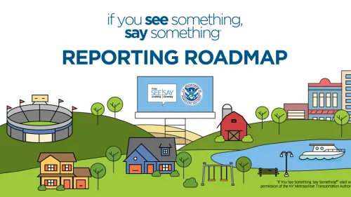 The image is titled "If You See Something, Say Something®" Reporting Roadmap and features a billboard with the "If You See Something, Say Something®" and Department of Homeland Security logos, over a town that features office buildings, a farm, a playground, two residential homes, a stadium, and a lake with a boat.