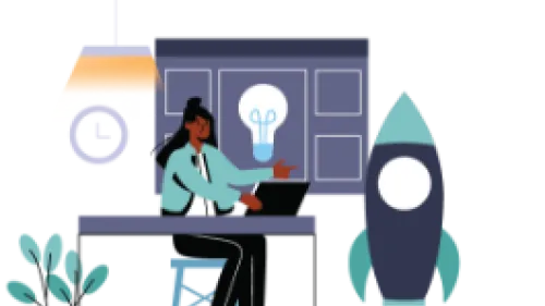 A person sits at a desk with next to a small figurative rocket ship and a light bulb representing an idea