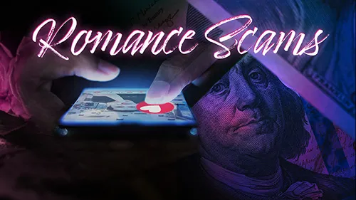 Photo montage graphic with images of roses, cash, candles, and a person typing on a dating application on a phone.