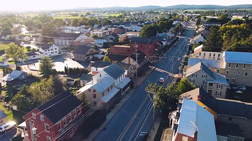 Aerial shot of a neighborhood.