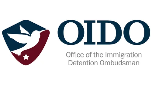  Hummingbird on a background of blue and red in the shape of a shield with text OIDO, Office of the Immigration Detention Ombudsman