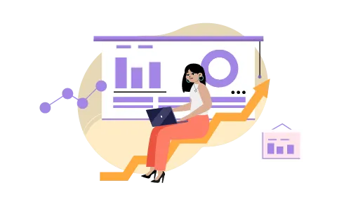 Illustration with a business woman using a laptop sitting in front of a data graph with an arrow pointing up.