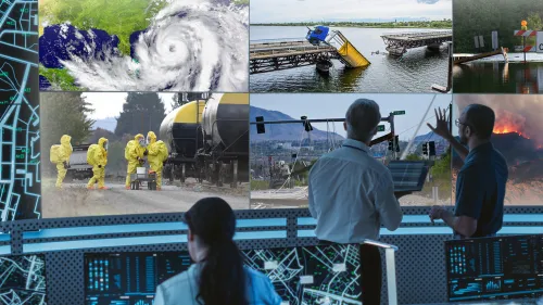 operations center showing various hazards on screens