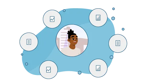 Illustration of charts and graphs in circular icons surrounding a smiling man in the center.