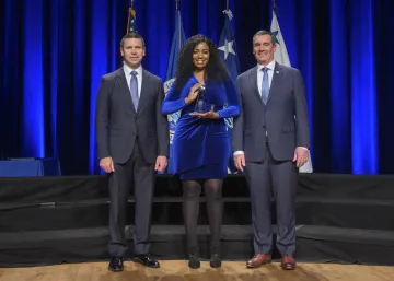 Caption: <p>WASHINGTON (Nov. 6, 2019) Acting Homeland Security Secretary Kevin McAleenan and Acting Deputy DHS Secretary David Pekoski present the Award for Exemplary Service to Synthia Jones at the 2019 Secretary’s Award Ceremony at the Daughters of the American Revolution Constitution Hall. (DHS Photo by Tim D. Godbee/Released)</p>