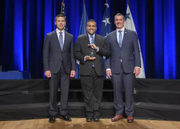 Caption: <p>WASHINGTON (Nov. 6, 2019) Acting Homeland Security Secretary Kevin McAleenan and Acting Deputy DHS Secretary David Pekoski present the Award for Exemplary Service to Joshua Espinal at the 2019 Secretary’s Award Ceremony at the Daughters of the American Revolution Constitution Hall. (DHS Photo by Tim D. Godbee/Released)</p>