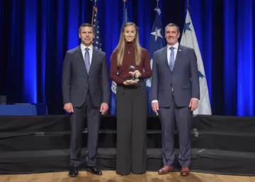 Caption: <p>WASHINGTON (Nov. 6, 2019) Acting Homeland Security Secretary Kevin McAleenan and Acting Deputy DHS Secretary David Pekoski present the Award for Exemplary Service to Tess N. Hyre at the 2019 Secretary’s Award Ceremony at the Daughters of the American Revolution Constitution Hall. (DHS Photo by Tim D. Godbee/Released)</p>