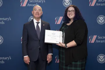 DHS Secretary Alejandro Mayorkas (left) with Champion of Equity Award recipient Gillian Kosinski (right). 