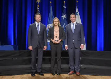 Caption: <p>WASHINGTON (Nov. 6, 2019) Acting Homeland Security Secretary Kevin McAleenan and Acting Deputy DHS Secretary David Pekoski present the Award for Exemplary Service to Laura Dunham at the 2019 Secretary’s Award Ceremony at the Daughters of the American Revolution Constitution Hall. (DHS Photo by Tim D. Godbee/Released)</p>