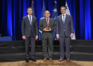 Caption: <p>WASHINGTON (Nov. 6, 2019) Acting Homeland Security Secretary Kevin McAleenan and Acting Deputy DHS Secretary David Pekoski present the Award for Exemplary Service to Jose A. Cruz at the 2019 Secretary’s Award Ceremony at the Daughters of the American Revolution Constitution Hall. (DHS Photo by Tim D. Godbee/Released)</p>