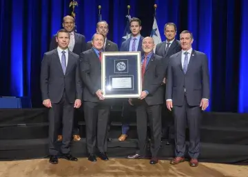 Caption: <p>WASHINGTON (Nov. 6, 2019) Acting Homeland Security Secretary Kevin McAleenan and Acting Deputy DHS Secretary David Pekoski present the Unit Award to the Welcome2Video Investigation Team at the 2019 Secretary’s Award Ceremony at the Daughters of the American Revolution Constitution Hall. (DHS Photo by Tim D. Godbee/Released)</p>