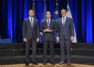 Caption: <p>WASHINGTON (Nov. 6, 2019) Acting Homeland Security Secretary Kevin McAleenan and Acting Deputy DHS Secretary David Pekoski present the Award for Exemplary Service to Angel A. Melendez at the 2019 Secretary’s Award Ceremony at the Daughters of the American Revolution Constitution Hall. (DHS Photo by Tim D. Godbee/Released)</p>