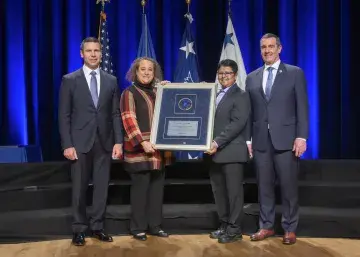 Caption: <p>WASHINGTON (Nov. 6, 2019) Acting Homeland Security Secretary Kevin McAleenan and Acting Deputy DHS Secretary David Pekoski present the Unit Award to the Western Region Fraud Detection and National Security Team at the 2019 Secretary’s Award Ceremony at the Daughters of the American Revolution Constitution Hall. (DHS Photo by Tim D. Godbee/Released)</p>