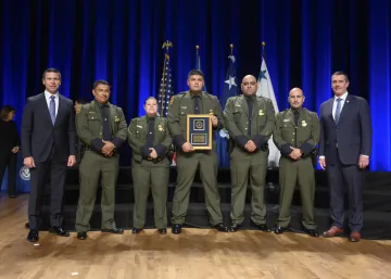 Caption: <p>WASHINGTON (Nov. 6, 2019) Acting Homeland Security Secretary Kevin McAleenan and Acting Deputy DHS Secretary David Pekoski present the Leadership Excellence Award to the CBP San Diego Sector Foreign Operations Team at the 2019 Secretary’s Award Ceremony at the Daughters of the American Revolution Constitution Hall. (DHS Photo by Tim D. Godbee/Released)</p>