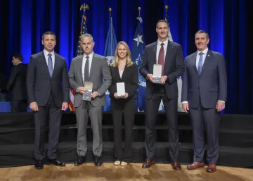 Caption: <p>WASHINGTON (Nov. 6, 2019) Acting Homeland Security Secretary Kevin McAleenan and Acting Deputy DHS Secretary David Pekoski present the Meritorious Service Silver Medal to the Los Angeles Counter-Proliferations Investigations Center at the 2019 Secretary’s Award Ceremony at the Daughters of the American Revolution Constitution Hall. (DHS Photo by Tim D. Godbee/Released)</p>