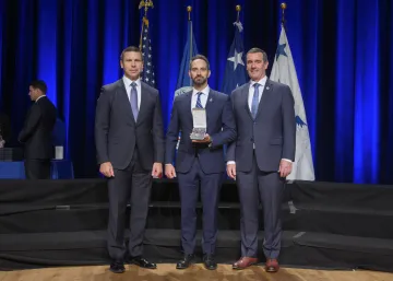 Caption: <p>WASHINGTON (Nov. 6, 2019) Acting Homeland Security Secretary Kevin McAleenan and Acting Deputy DHS Secretary David Pekoski present the Meritorious Service Silver Medal to Steven A. Roncone at the 2019 Secretary’s Award Ceremony at the Daughters of the American Revolution Constitution Hall. (DHS Photo by Tim D. Godbee/Released)</p>