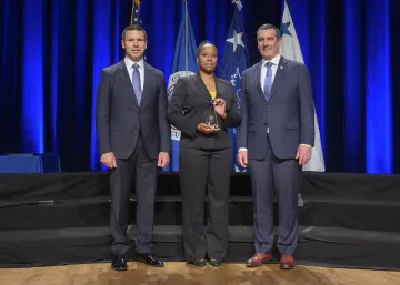 Caption: <p>WASHINGTON (Nov. 6, 2019) Acting Homeland Security Secretary Kevin McAleenan and Acting Deputy DHS Secretary David Pekoski present the Award for Exemplary Service to Nefertari L. Farrell at the 2019 Secretary’s Award Ceremony at the Daughters of the American Revolution Constitution Hall. (DHS Photo by Tim D. Godbee/Released)</p>