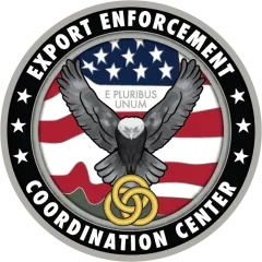 The Export Enforcement Coordination Center logo features an eagle holding three rings in its talons on a flag background with the wording E Pluribus Unum.