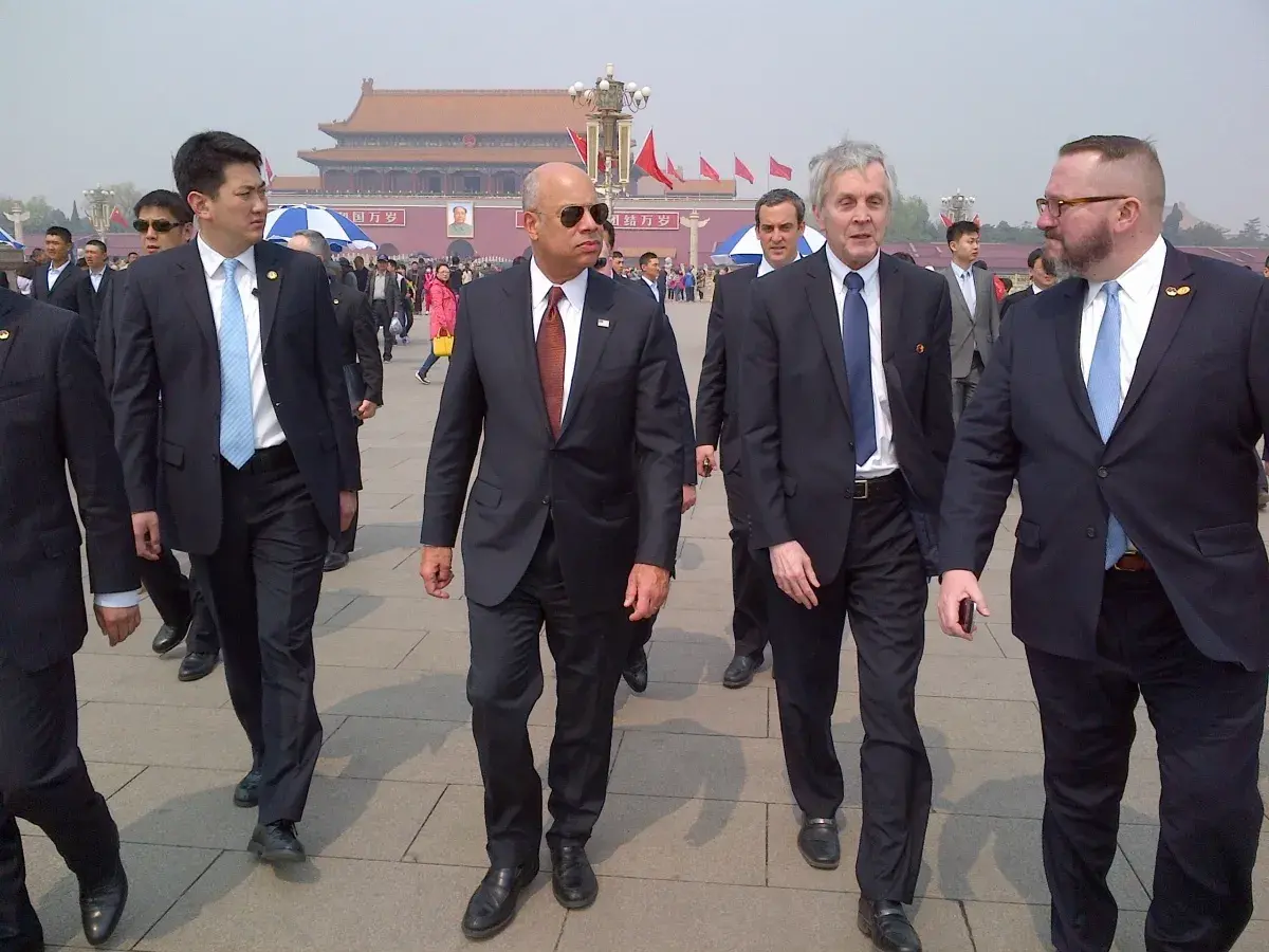 Secretary Johnson walks through Tiananmen Square