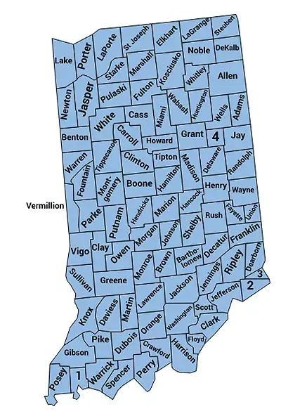 Map of Indiana with borders for and nanes of each county.