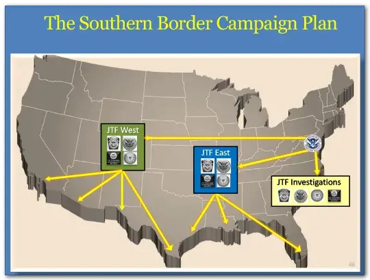 The Southern Border Campaign Plan includes first, Joint Task Force-East, will be responsible for our maritime ports and approaches across the southeast. Second, Joint Task Force-West, will be responsible for our southwest land border and the West coast of California. And third will be a standing Joint Task Force for Investigations to support the work of the other two Task Forces. 
