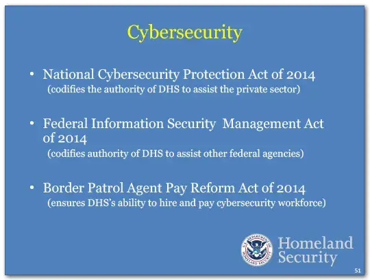 National Cybersecurity Protection Act of 2014 - codifies the authority of DHS to assist the private sector. Federal Information Security Management Act of 2014 - codifies authority of DHS to assist other federal agencies. Border Patrol Agent 
Pay Reform Act of 2014 - ensures DHS’s ability to hire and pay cybersecurity workforce.