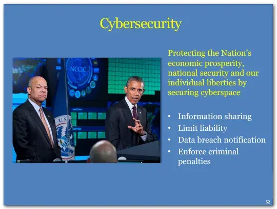 Cybersecurity protects the Nation’s economic prosperity, national security and our individual liberties by securing 
cyberspace with information sharing, limiting liability, data breach notification and enforcing criminal penalties.