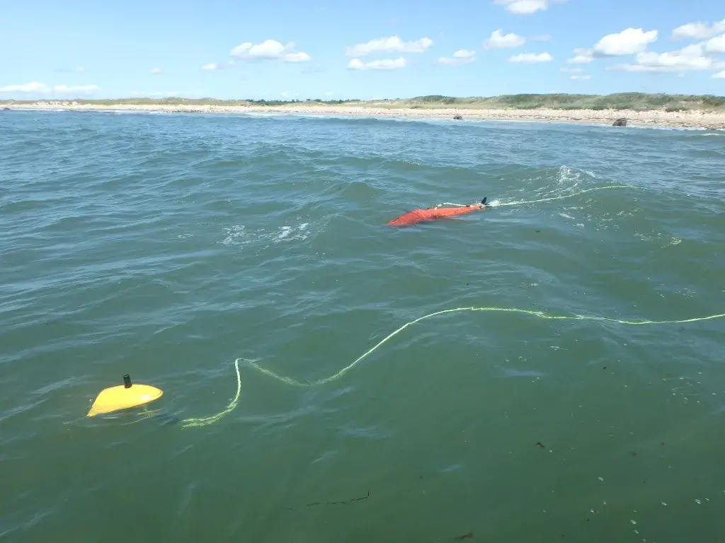 The BIOSwimmer (red) is modeled after the tuna – one of nature's fastest and most agile fish – to maneuver in constricted areas inaccessible by other underwater vehicles. The BIOSwimmer pictured is connected to a yellow towed antenna to transmit data immediately. The BIOSwimmer also operates semi-autonomously.