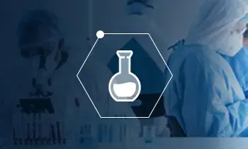 Icon of an lab flask in a honeycomb shape over a blue screened photo of people working in a lab.