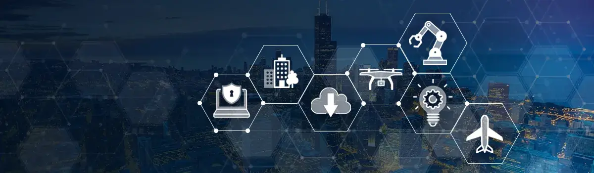 Pattern of icons in honeycomb shapes over a photo of a city at night. Icons are computer and shield with a key hole; apartment  building; cloud with a downward pointing arrow; drone; mechanical arm; light bulb; and airplane