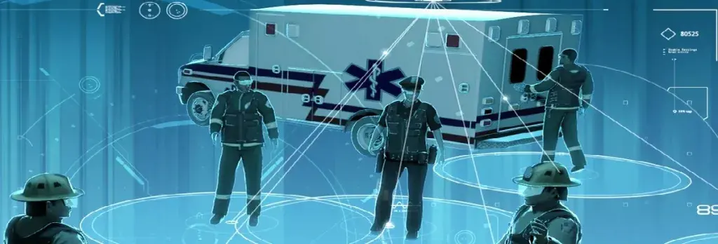 Generic image of an ambulance and first responders connected by light-weight lines.