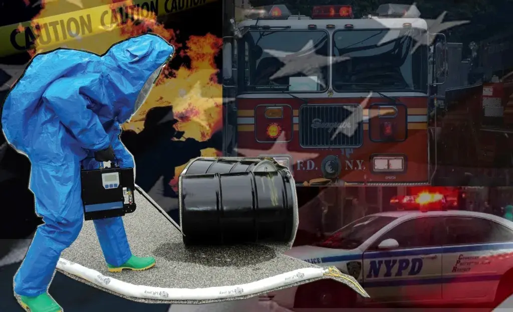 Collage of a first responder in full HAZMAT PPE, an NYPD police car and a firetruck with the American flag overlaying the image.