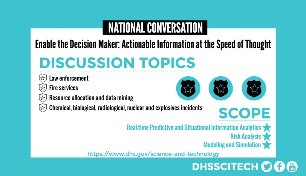 NATIONAL CONVERSATION Enable the Decision Maker: Actionable Information at the Speed of Thought DISCUSSION TOPICS Chemical, biological, radiological, nuclear and explosives incidents Fire services Resource allocation and data mining Real-time Predictive and Situational Information Analytics Risk Analysis Modeling and Simulation https://www.dhs.gov/science-and-technology DHSSCITECH on Facebook, Twitter, and YouTube.