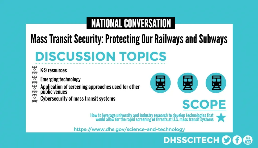 NATIONAL CONVERSATION Mass Transit Security: Protecting Our Railways and Subways DISCUSSION TOPICS Cybersecurity of mass transit systems Emerging technology Application of screening approaches used for other public venues SCOPE How to leverage university and industry research to develop technologies that would allow for the rapid screening of threats at U.S. mass transit systems https://www.dhs.gov/science-and-technology DHSSCITECH on Facebook, Twitter, and YouTube.
