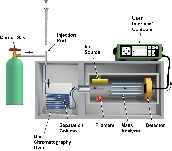 The workings of a GC/MS. Inside the Gas Chromatograph, a liquid sample transforms into gas, which later is identified in the Mass Spectrometer. (Image by the Pacific Northwest National Laboratory): Carrier Gas, Injection Port, Ion Source, User Interface/Computer, Detector, Mass Analyzer, Filament, Spearation Column, Gas Chromatography Oven.