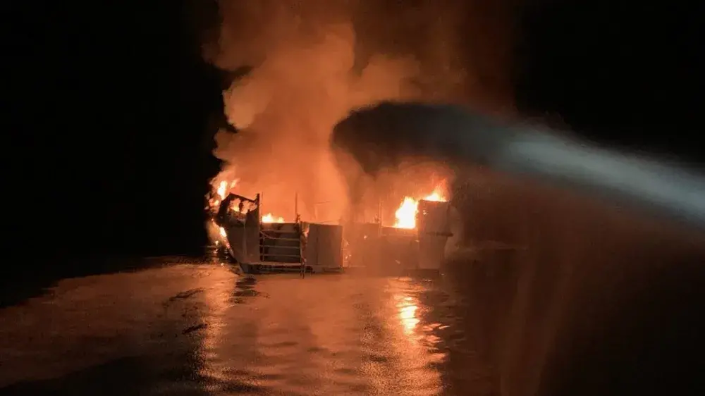 On September 2, 2019, firefighters extinguish the burning diving boat Conception off the coast of Santa Cruz island, California. Photo courtesy of Ventura County Fire Protection District..