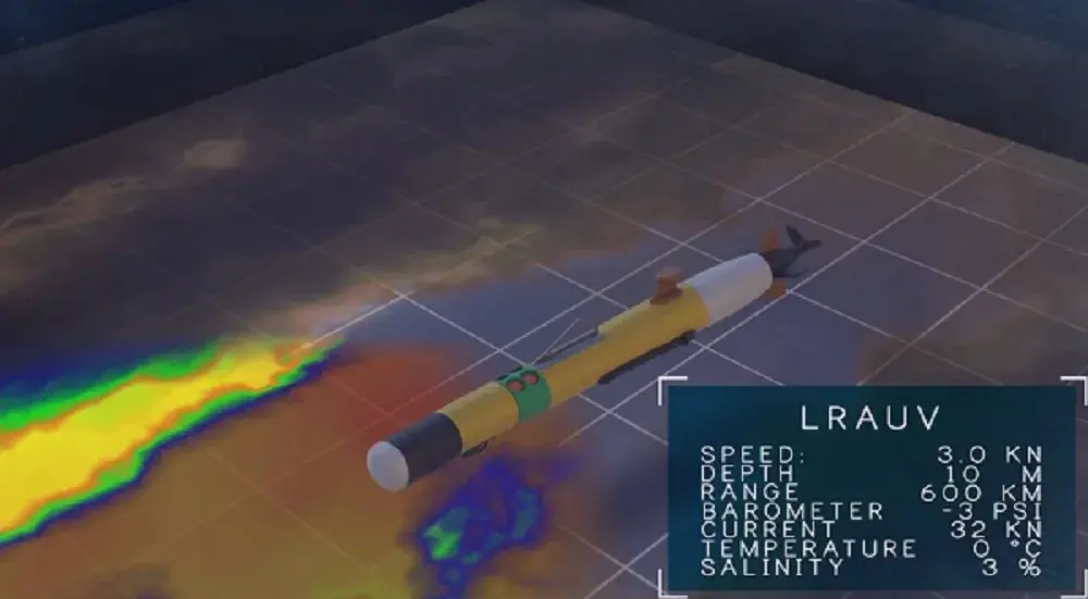 LRAUV torpedo-shaped robot maps an oil spill under ice in a computer-generated model. Image by ADAC.