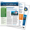 A graphic showing examples of previous issues of the HSIN Advocate newsletter.