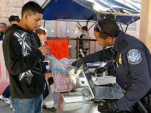 A photograph of a CBP officer during border inspections.