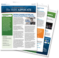 A graphic showing examples of previous issues of the HSIN Advocate newsletter.